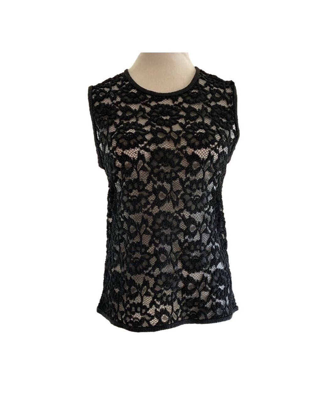 Lauren Ralph Lauren Black Lace Beaded Sleeveless Top Size M